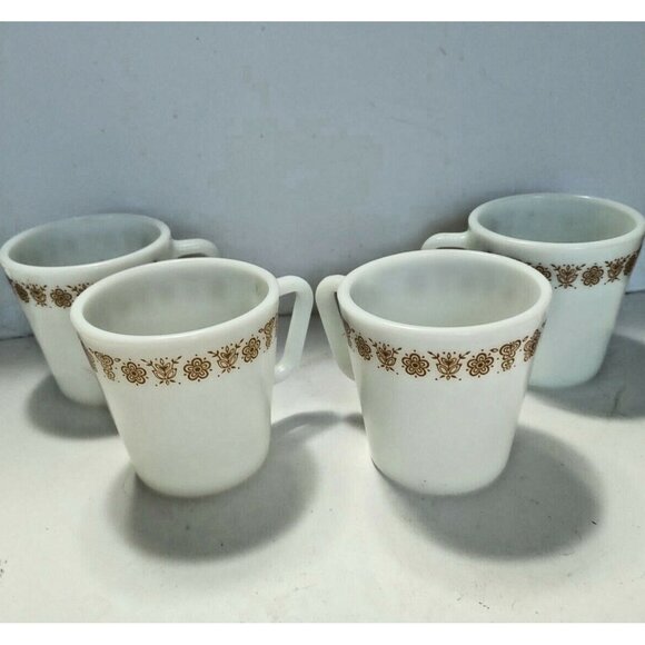 Vintage Pyrex D-Handle Butterfly Pattern Milk Glass Mugs Set of 4 - Picture 1 of 11